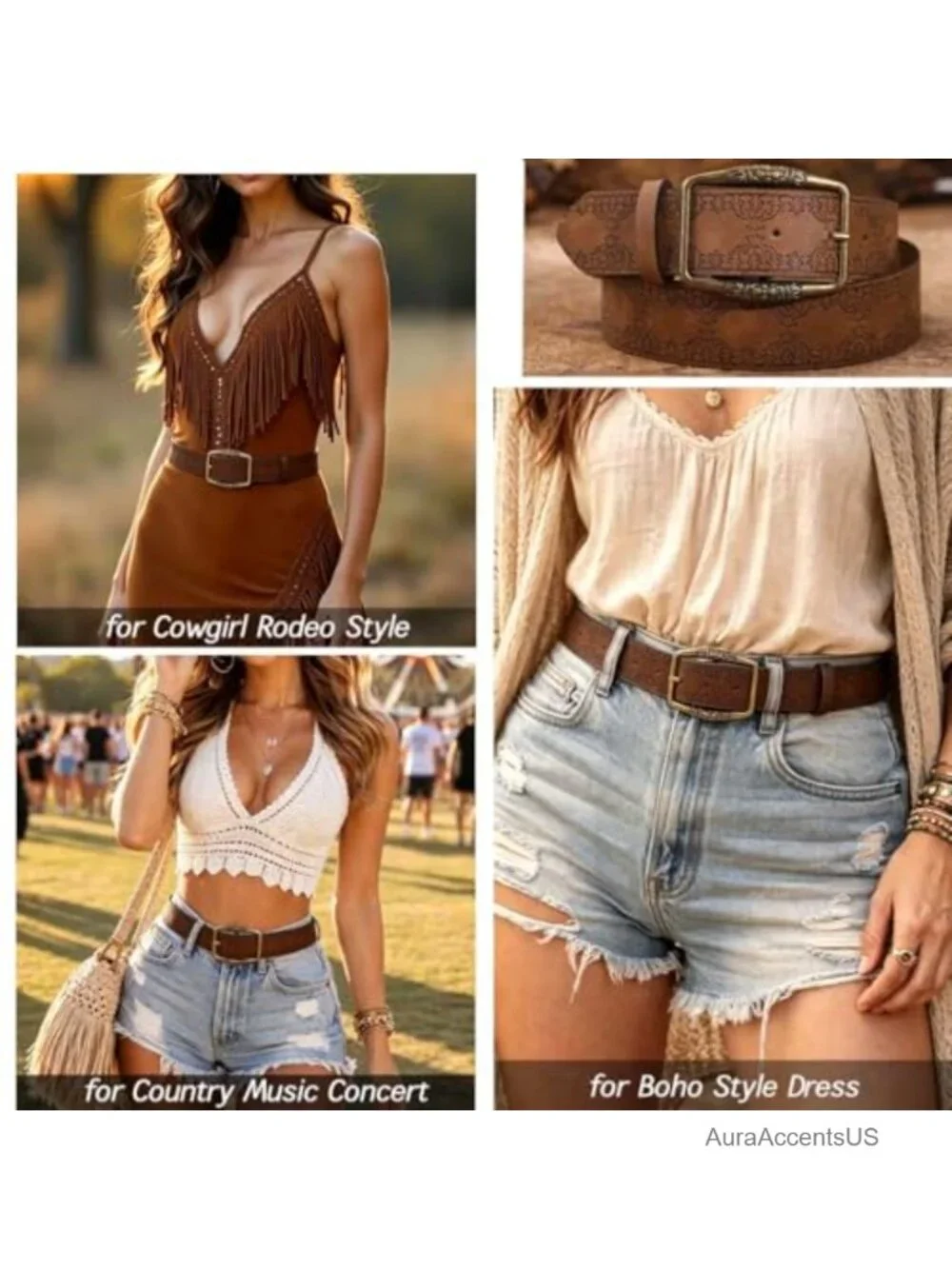 Vintage Western Faux Leather Belt Metal Buckle Country Cowgirl